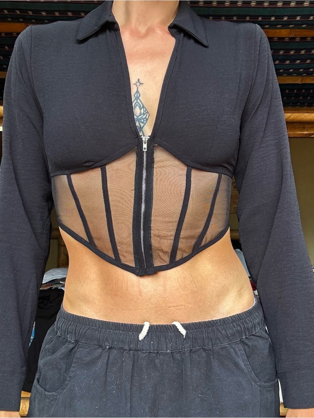 Black Mesh Corset Zip-Front Cropped Blouse